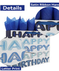 Extra Large 16.5 Inch Blue Birthday Gift Bag Set With Handles Including Greeting Card Tissue Paper And Stickers For Men Women Boys Girls Teens Kids Word Design With Happy Birthday Theme That Feels Totally Fun And Gift Ready showing close-up of letter print and satin ribbon handle