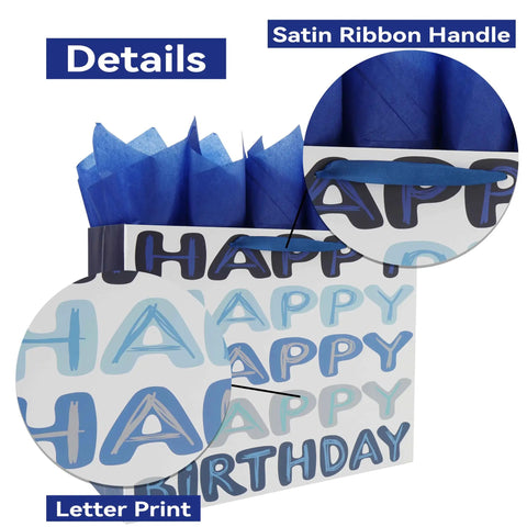 Extra Large 16.5 Inch Blue Birthday Gift Bag Set With Handles Including Greeting Card Tissue Paper And Stickers For Men Women Boys Girls Teens Kids Word Design With Happy Birthday Theme That Feels Totally Fun And Gift Ready showing close-up of letter print and satin ribbon handle