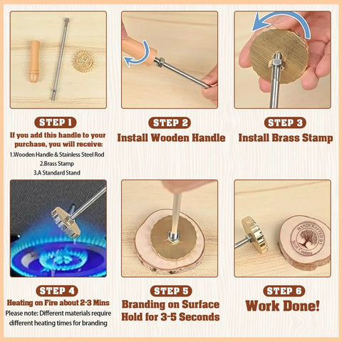 Step-by-step guide to assembling and using Custom Branding Iron For Wood And Leather, with wooden handle and durable brass stamp head.