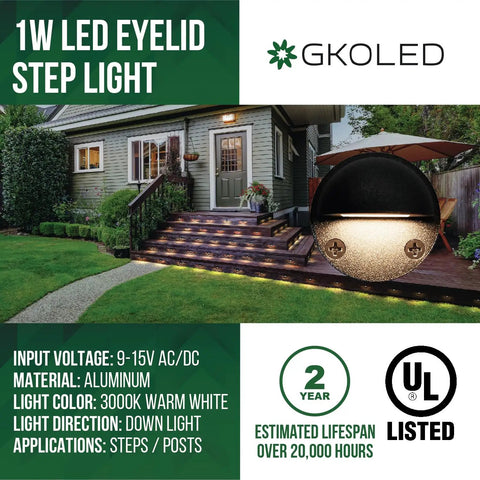 Home entrance illuminated with 8 Pack Low Voltage LED Deck Lights Mini Eyelid Step Lights With 0.8W Integrated LED Chips IP65 Waterproof Outdoor Use Warm White 3000K Die Cast Aluminum With Black Powder Coat Finish To Boost Curb Appeal On Walkways And Decks