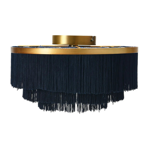 Dope Navy Fringe Round Ceiling Light With Gold Rim, 13.75 Inch Semi Flush Mount, Modern Chandelier Vibe, side view