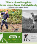 Heavy Duty Lawn Leveling Rake With Six Point Five Foot Steel Handle 17 By 10 Inch Leveling Tool in use on garden soil