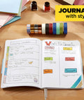 Gold Glitter Washi Tape Pack of 6 on desk with open journal for planners, journals, scrapbooking, 0.59 in x 196 in rolls
