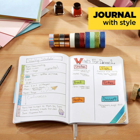 Gold Glitter Washi Tape Pack of 6 on desk with open journal for planners, journals, scrapbooking, 0.59 in x 196 in rolls