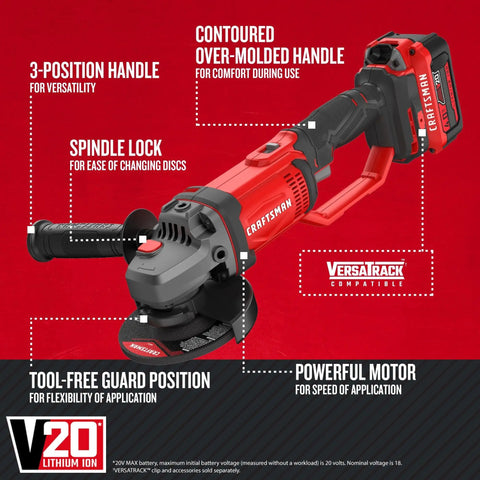 V20 Cordless Angle Grinder Kit With 4 1/2 Inch Disc, Battery And Charger Included, highlighting features like 3-position handle and tool-free guard.