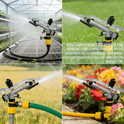 360 Degree Rain Gun Sprinkler With One And A Half Inch FNPT Connection Full Circle Impact Sprinkler in operation with gardens and lawns
