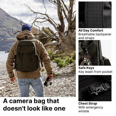 Large Customizable Camera Backpack For Pro Photographers With 16 Inch Laptop Pocket And Exterior Tripod Straps in outdoor setting