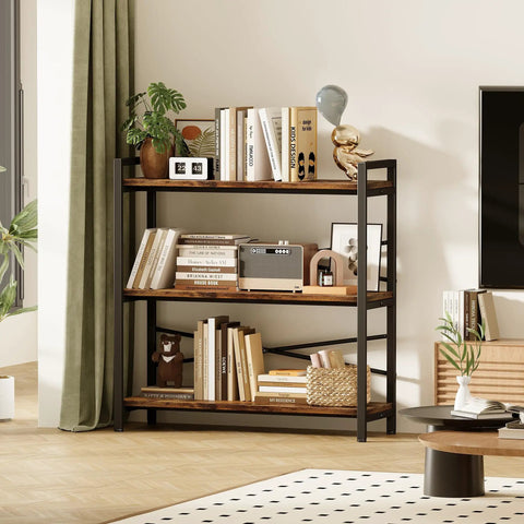 Built Like A Tank Three Tier Bookshelf With Pretty Dang Roomy Shelves, Industrial Vintage Wood And Metal Storage Rack in living room setup.