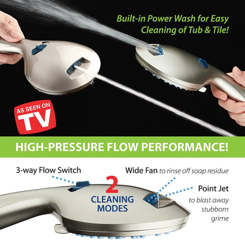 Close-up of High Pressure Handheld Shower Head With 8 Modes and Anti Clog Nozzles showing 3-way flow switch and power wash feature.