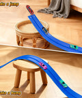 15Ft Flexible Race Car Track For Kids With Suction Cups Easy Setup Roll Up Portable Racetrack with 3 Diecast Cars on Blue Track