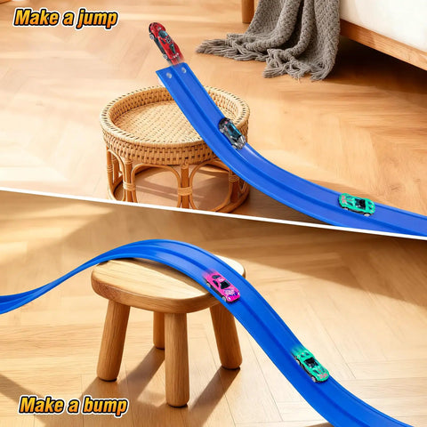 15Ft Flexible Race Car Track For Kids With Suction Cups Easy Setup Roll Up Portable Racetrack with 3 Diecast Cars on Blue Track