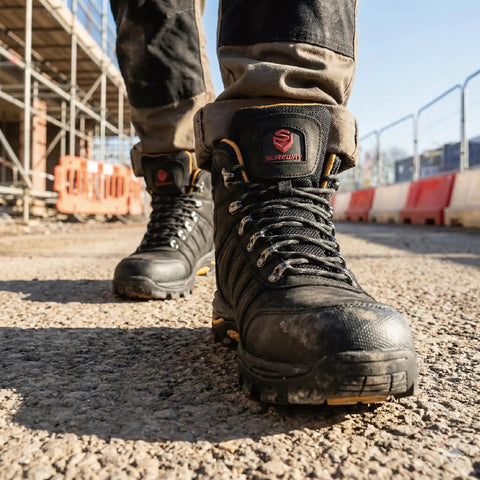 Close-up of 6 Inch Waterproof Steel Toe Work Boots For Men Leather Lace Up EH Rated Slip Resistant Outsole on construction site