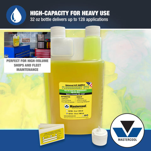 Mastercool 92732 32 oz universal UV dye bottle with yellow liquid and white cap front view.