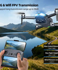 5G FPV transmission feature of 2K FPV Drone With 4.5 Inch Screen Remote in action over scenic landscape.