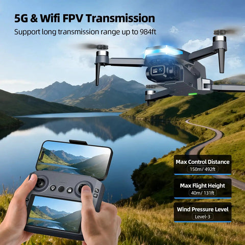 5G FPV transmission feature of 2K FPV Drone With 4.5 Inch Screen Remote in action over scenic landscape.