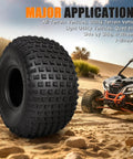 All Terrain Knobby ATV UTV Tires 22x11-8 Tubeless 6 Ply Set on desert landscape near ATV vehicle