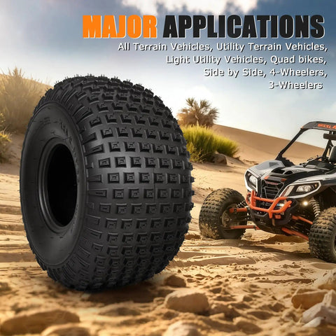 All Terrain Knobby ATV UTV Tires 22x11-8 Tubeless 6 Ply Set on desert landscape near ATV vehicle