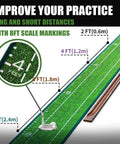 Indoor Outdoor Golf Putting Mat With Auto Ball Return System, crystal velvet green close-up with 8ft scale markings for practice.