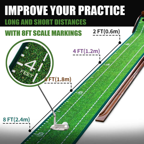 Indoor Outdoor Golf Putting Mat With Auto Ball Return System, crystal velvet green close-up with 8ft scale markings for practice.