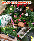 Five Claw Hand Rake And Weeder Cultivator for Small Gardens held by gardener in floral gloves near colorful flowers.