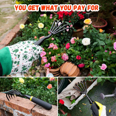 Five Claw Hand Rake And Weeder Cultivator for Small Gardens held by gardener in floral gloves near colorful flowers.