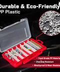 Open view of 4 Piece Red Portable Transparent Plastic Small Parts Organizer Case Set With Removable Dividers And Secure Clip Latch For Screwdriver Bits And Tiny Tools Grab-And-Go Lightweight Handy For Home Workshop Garage Or Travel.