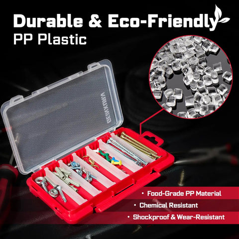 Open view of 4 Piece Red Portable Transparent Plastic Small Parts Organizer Case Set With Removable Dividers And Secure Clip Latch For Screwdriver Bits And Tiny Tools Grab-And-Go Lightweight Handy For Home Workshop Garage Or Travel.