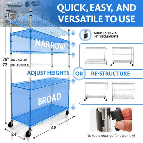Beefy 5 Tier Heavy Duty Wire Shelving Rack With 4000 Lbs Capacity, 48 X 24 X 76 Chrome Wire Shelves On Wheels With 4 Inch Casters, NSF Commercial Rolling Rack, Adjustable Storage For Garage Kitchen Warehouse, 5-tier with tool-free assembly
