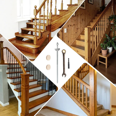 Heavy Duty Newel Post Mounting Kit With Concealed Stair Railing Fasteners Full Hardware Bundle Packs with oak inserts and setup wrench.