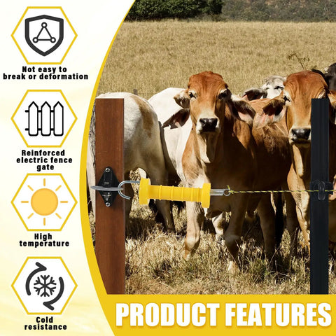 Two Sets Electric Fence Gate Handle Kit With Anchors And Insulators Including Two Yellow Handles With Spring, cows in background