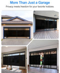 Privacy Garage Door Screen for 2 Car Garage 16x7 Ft Retractable Slide Track System shown on garage exteriors and interiors.