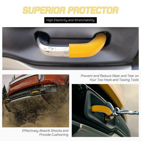 Image showcasing Two Pack Tow Hook Covers For Rivian R1T And R1S, Silicone Protective Caps in yellow on vehicle tow points.