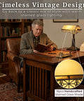 Tiffany Style Bankers Lamp With Stained Glass Shade For A Dope Desk Setup, Vintage Mission Desk Light on office table.