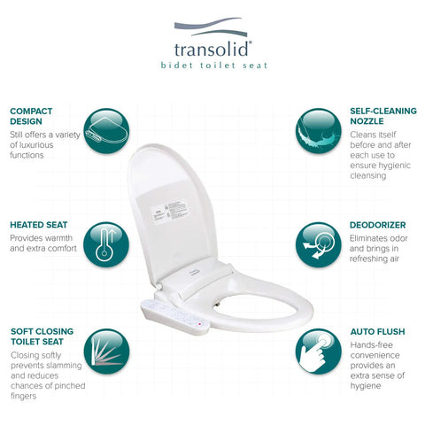 Electronic Low Profile Elongated Bidet Seat With Hands Free Auto Flush Side Control Panel Sleek White Upgrade with features displayed