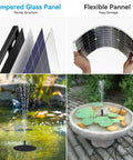 Comparison of 8W Solar Water Pump with Built In 3600mAh Battery Backup for Bird Bath Pond and flexible panel issues in garden setup