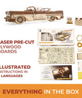Groovy Retro Wooden 3D Puzzle Featuring Killer Rubber Band Powered Mechanical Model Car Kit With Working V8 Engine Pistons Openable Doors And Sick Diy Craft Build For Adults with pre-cut plywood boards and instructions.