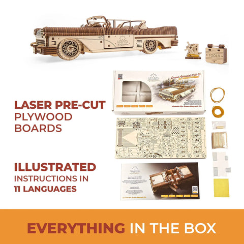 Groovy Retro Wooden 3D Puzzle Featuring Killer Rubber Band Powered Mechanical Model Car Kit With Working V8 Engine Pistons Openable Doors And Sick Diy Craft Build For Adults with pre-cut plywood boards and instructions.