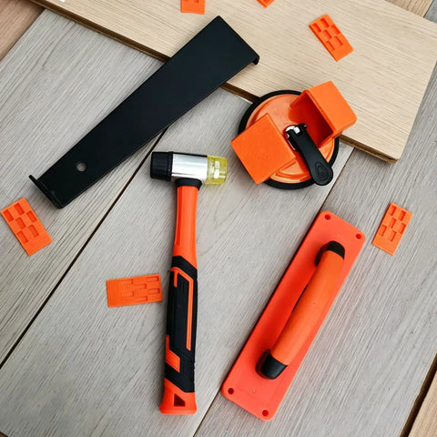 Pro Grade Laminate Floor Installation Kit with Tapping Block and Handle, Pull Bar, Rubber Mallet, Floor Spacers visible.
