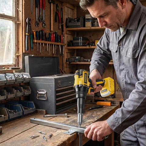 Cordless Rivet Gun for DeWalt 20V Max Battery Tool Only Bare Tool With Brushless Motor in use on metal in workshop