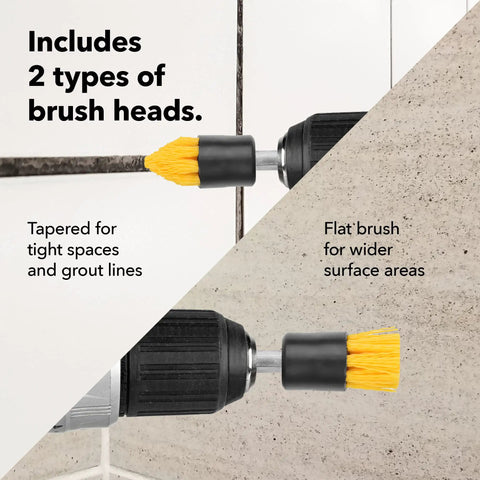 Four Pack Drill Brush Attachments For Grout And Tile Cleaning Quick Change Shafts Cordless Drill Compatible Yellow With Five Eighths Inch Stiff Bristles showing tapered and flat brushes in use.