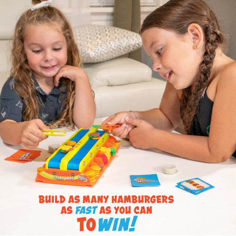 Children playing Burger Mania Build And Race Conveyor Belt Game For Kids 6 And Up Fast Paced Burger Assembly Challenge