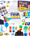 Hands On Science Lab Kit For Kids With 72 Plus Experiments Including Erupting Volcano Rainbow Rain And Artificial Snow Balloon Rocket And More Kid Friendly STEM Toy For Boys And Girls, showcasing colorful accessories and experiment tools.