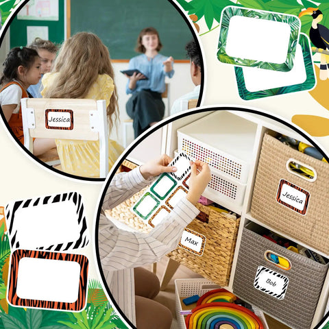 Children using 180 Pcs Animal Print Name Tag Stickers Self Adhesive Leopard Safari Labels For Back To School Classroom Desk 3.4 X 2.5 Inch