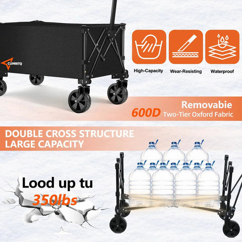 Heavy Duty Foldable Wagon With All Terrain Wheels, Collapsible Cart That Hauls Up To 350 Lbs, Rugged Black On Wheels
