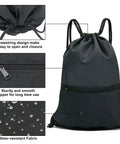 Durable Black Drawstring Backpack For Gym And Everyday Carry No Fuss Use With Thick Polyester Material Easy Draw Cord Closures