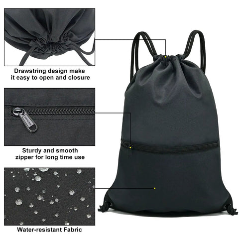 Durable Black Drawstring Backpack For Gym And Everyday Carry No Fuss Use With Thick Polyester Material Easy Draw Cord Closures