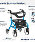 Heavy Duty Tall Rollator Walker With Comfy Seat Straight Up Built Tough Aluminum Frame Supports 350 Pounds No Sweat One Hand Fold Slick Blue Mobility Aid For Tall Grownups with integrated brake and storage