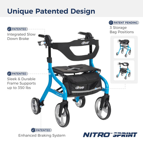 Heavy Duty Tall Rollator Walker With Comfy Seat Straight Up Built Tough Aluminum Frame Supports 350 Pounds No Sweat One Hand Fold Slick Blue Mobility Aid For Tall Grownups with integrated brake and storage