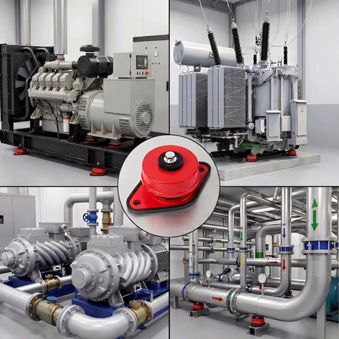Premium Heavy Duty Spring Vibration Isolators With Mounting Bolts under pumps and fans, shown in operational industrial setting.