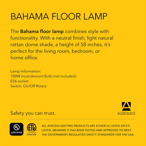 Product information card for Bahama floor lamp, detailing size, features, and safety certification logos on a yellow background.